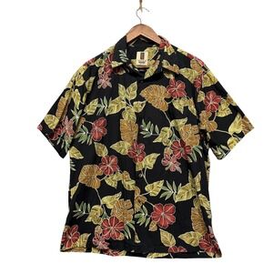Vtg 90s Tori Richard Hawaiian Button Up Shirt Mens L Black Tropical Floral AOP